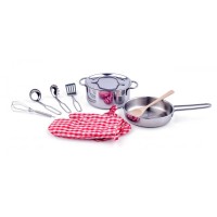 Set 10 accesorii inox lemn de jucarie pentru bucatarie copii - Woody Toy Pots Kitchen Set 10 accesorii inox lemn de jucarie pentru bucatarie copii - Woody Toy Pots Kitchen
